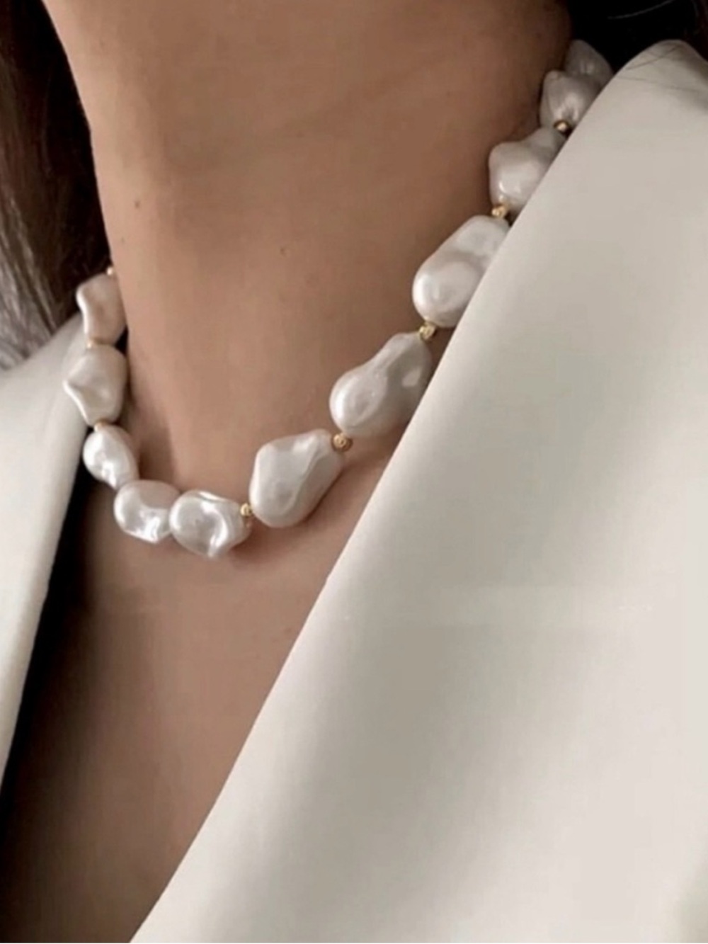 Piper•K Glass Faux Baroque Pearl Necklace in White with Gold Accents